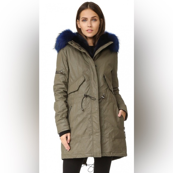 SAM Lux Limelight Hooded Parka Fur convertible to vest, Army green and blue - Picture 6 of 8